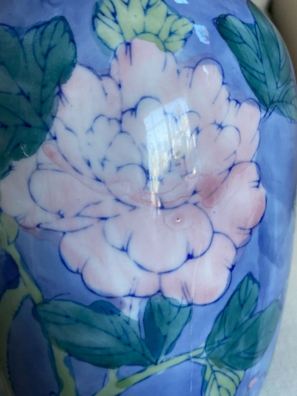 VTG Chinese Hand Painted Blue Pink Peony Flowers Porcelain Baluster Vase 8.5”